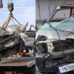 திருப்பூர் அருகே கார் மற்றும் லாரி மோதிய விபத்து நடந்த இடம்