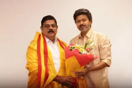 தமிழக வெற்றிக் கழக தலைவர் முதலமைச்சர் விஜய் மற்றும் உடுமலை ராதாகிருஷ்ணன்