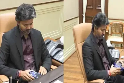 தமிழக முதல்வர் விஜய்க்கு வின் குழும நிர்வாக இயக்குநர் பொம்மை கார் பரிசளிக்கும் காட்சி