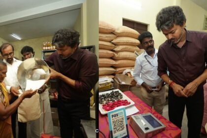 நடிகர் விஜய் ரேஷன் கடையில் பொருட்களை ஆய்வு செய்கிறார்