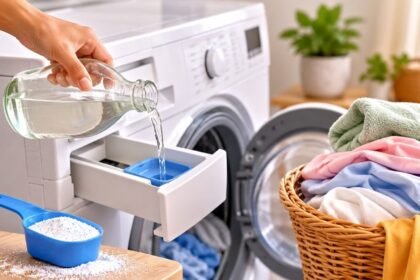 ப்ளீச் மற்றும் வினிகர் பாட்டில்கள் அருகில் காட்டப்பட்டுள்ளன