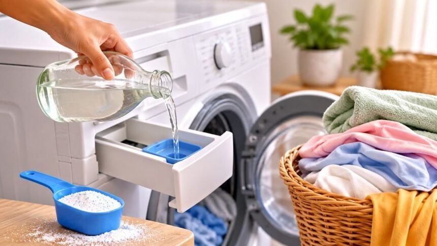 ப்ளீச் மற்றும் வினிகர் பாட்டில்கள் அருகில் காட்டப்பட்டுள்ளன
