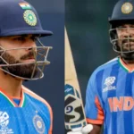 விராட் கோலி மற்றும் சஞ்சு சாம்சன் கிரிக்கெட் மைதானத்தில் இருப்பது போன்ற படம்