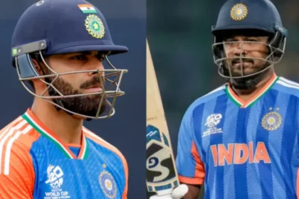 விராட் கோலி மற்றும் சஞ்சு சாம்சன் கிரிக்கெட் மைதானத்தில் இருப்பது போன்ற படம்