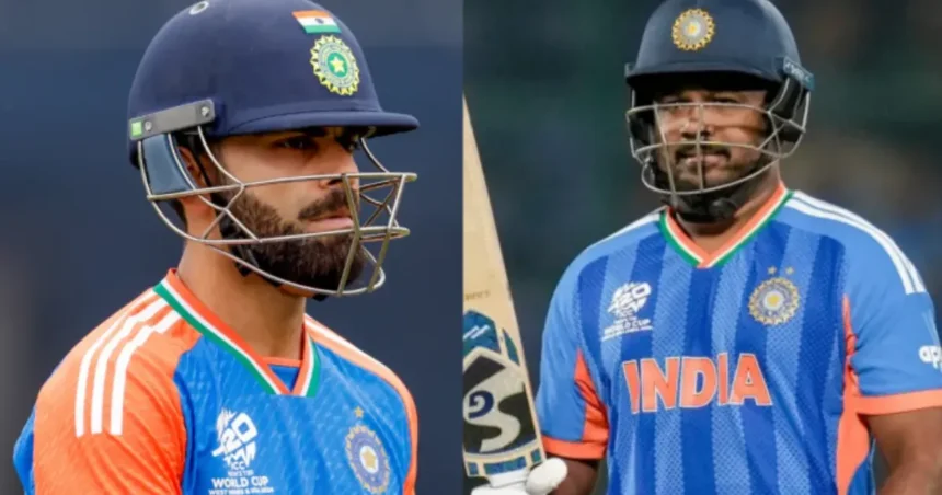 விராட் கோலி மற்றும் சஞ்சு சாம்சன் கிரிக்கெட் மைதானத்தில் இருப்பது போன்ற படம்
