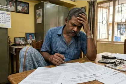 வங்கி அதிகாரி ஒருவர் கடன் விண்ணப்பத்தை ஆய்வு செய்கிறார்
