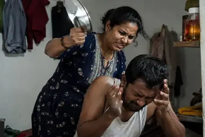 கொலை செய்யப்பட்ட கணவரின் உடலை காவல்துறையினர் ஆய்வு செய்கின்றனர்