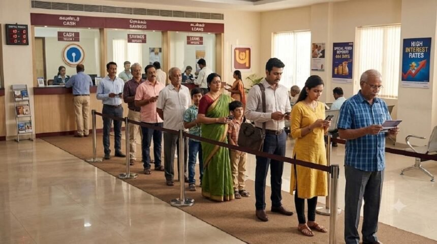 அரசு வங்கியின் ஃபிக்ஸட் டெபாசிட் திட்டம் குறித்த அறிவிப்பு பலகை