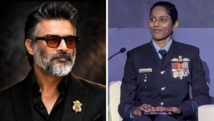 நடிகர் மாதவன் இளம் விமானப்படை வீராங்கனையை பாராட்டும் புகைப்படம்