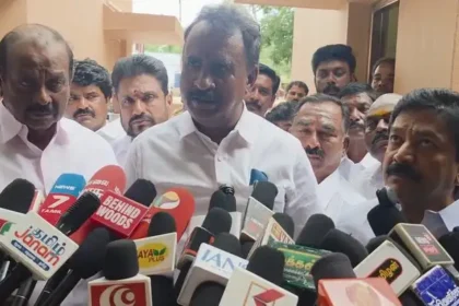 அதிமுக முன்னாள் அமைச்சர் எஸ்.பி.வேலுமணி செய்தியாளர்களை சந்திக்கும் காட்சி