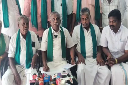 விவசாய சங்க தலைவர் பி.ஆர்.பாண்டியன் செய்தியாளர்களை சந்திக்கும் காட்சி