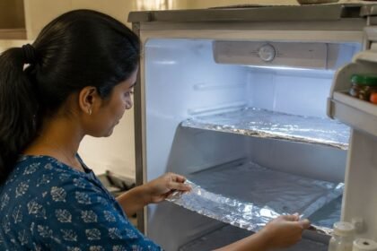 ஃபிரிட்ஜில் அலுமினிய ஃபாயில் விரித்து வைக்கப்பட்டிருக்கும் காட்சி