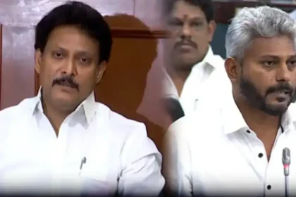 திமுக முன்னாள் அமைச்சர் அன்பில் மகேஷ் செய்தியாளர்களை சந்திக்கும் காட்சி