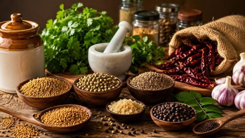 அஞ்சறைப் பெட்டியில் உள்ள பல்வேறு மசாலாப் பொருட்கள்