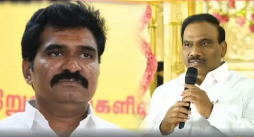 திமுக எம்.பி. ஆ.ராசா செய்தியாளர் சந்திப்பில் பேசுகிறார்