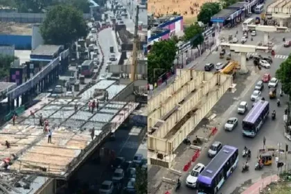 சென்னை அண்ணா சாலை மேம்பாலப் பணிகள் நடைபெறும் காட்சி