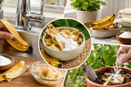 வாழைப்பழத் தோல்களும் சமையல் சோடாவும் கொண்ட ஒரு கிண்ணம்