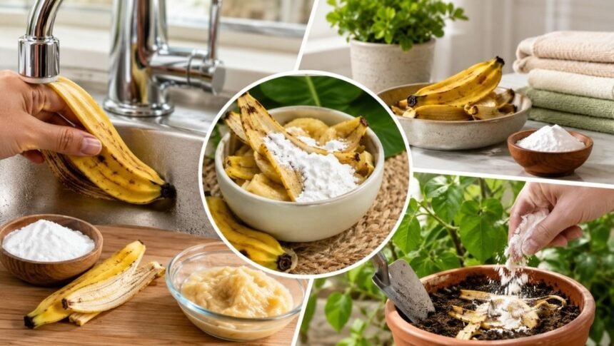 வாழைப்பழத் தோல்களும் சமையல் சோடாவும் கொண்ட ஒரு கிண்ணம்