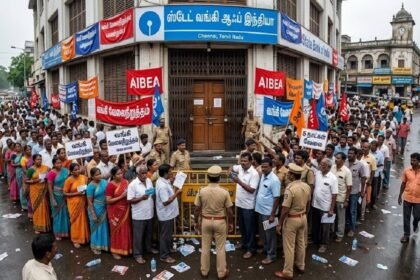 வங்கி ஊழியர்கள் வேலைநிறுத்தத்தில் ஈடுபடும் காட்சி