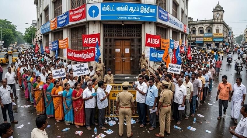 வங்கி ஊழியர்கள் வேலைநிறுத்தத்தில் ஈடுபடும் காட்சி