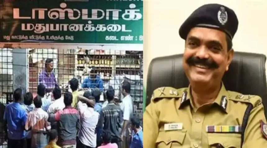 மாநகர காவல் ஆணையர் ஏ. அமல்ராஜ் மதுபானக் கடை உரிமையாளர்களுடன் ஆலோசனை கூட்டத்தில் பேசுகிறார்.