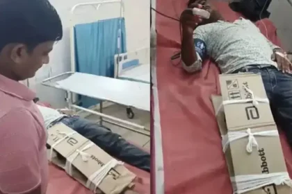 பீகார் அரசு மருத்துவமனையில் அட்டைப்பெட்டியால் கட்டுப்போடப்பட்ட இளைஞர்