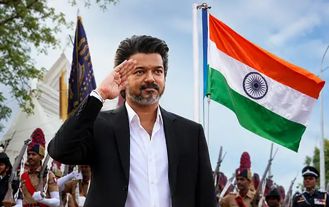 முதலமைச்சர் விஜய் தேசிய கொடியேற்றும் காட்சி