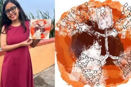 டெல்லி பெண் அனுக்ரிதி எஸ். தனது விருது பெற்ற ஓவியத்துடன்