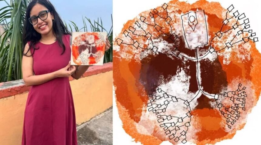 டெல்லி பெண் அனுக்ரிதி எஸ். தனது விருது பெற்ற ஓவியத்துடன்
