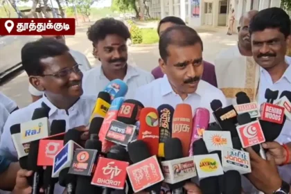 திமுக எம்.எல்.ஏ மார்க்கண்டேயன் செய்தியாளர் சந்திப்பில் பேசுகிறார்