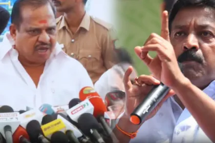முன்னாள் அமைச்சர் அக்ரி கிருஷ்ணமூர்த்தி செய்தியாளர்களிடம் பேசுகிறார்