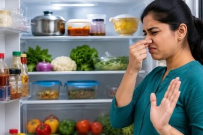 ஃப்ரிட்ஜில் பேக்கிங் சோடா கிண்ணம் வைக்கப்பட்டிருக்கும் காட்சி