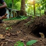 தோட்டத்தில் உள்ள துளையை தொலைவில் இருந்து கவனிக்கும் நபர்