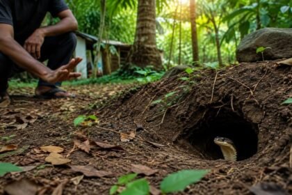 தோட்டத்தில் உள்ள துளையை தொலைவில் இருந்து கவனிக்கும் நபர்