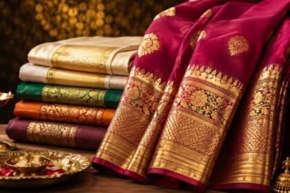 பல்வேறு வடிவங்களில் தங்க ஜரிகை வேலைப்பாடுகளுடன் கூடிய புடவைகள்