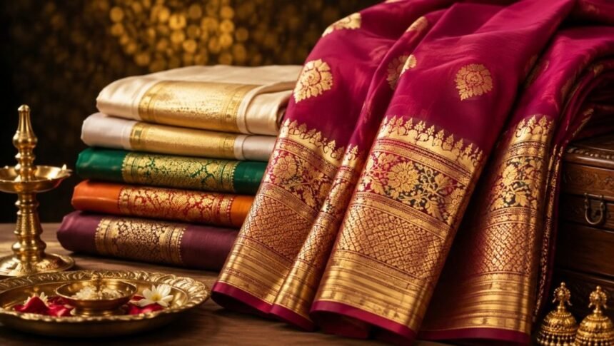 பல்வேறு வடிவங்களில் தங்க ஜரிகை வேலைப்பாடுகளுடன் கூடிய புடவைகள்