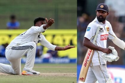 இலங்கை வீரர் பிரபாத் ஜெயசூர்யா மைதானத்தில் இருந்து வெளியேறும் காட்சி