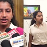 கோவை மாணவி தனீஷா தனது ஓவியங்களை காட்சிப்படுத்துதல்