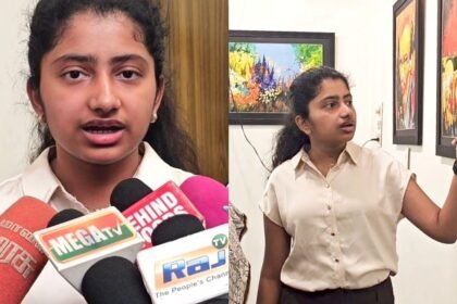 கோவை மாணவி தனீஷா தனது ஓவியங்களை காட்சிப்படுத்துதல்