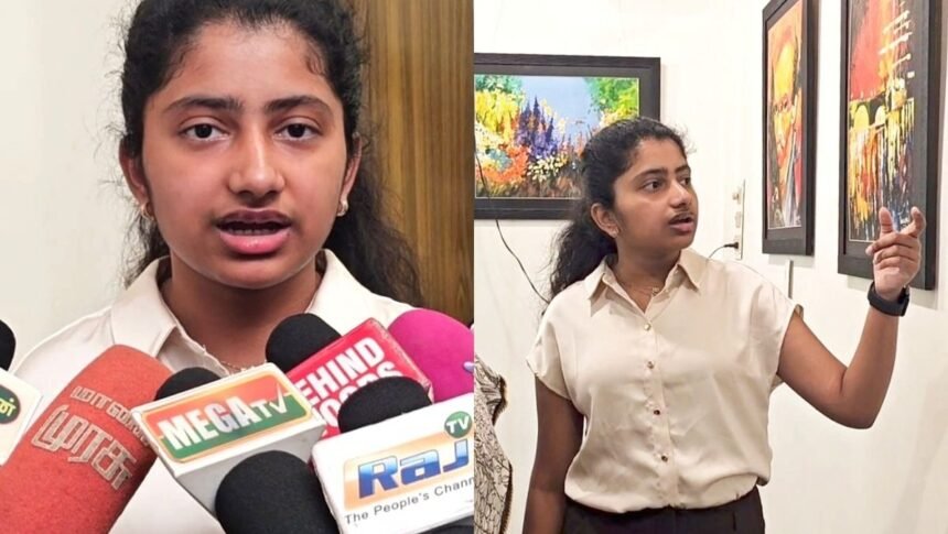 கோவை மாணவி தனீஷா தனது ஓவியங்களை காட்சிப்படுத்துதல்