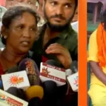 மதுரை சிந்தாமணி காவல் நிலையம் முன்பு செய்தியாளர்களை சந்திக்கும் பூசாரி பரமசிவத்தின் குடும்பத்தினர்.