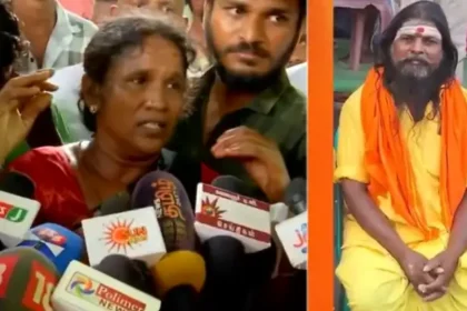 மதுரை சிந்தாமணி காவல் நிலையம் முன்பு செய்தியாளர்களை சந்திக்கும் பூசாரி பரமசிவத்தின் குடும்பத்தினர்.
