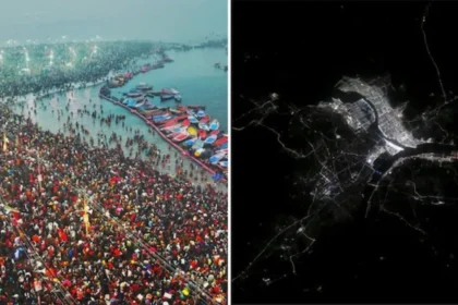 விண்வெளியில் இருந்து தெரியும் பிரயாக்ராஜ் மகா கும்பமேளா 2025 நிகழ்வின் இரவு நேரப் புகைப்படம்