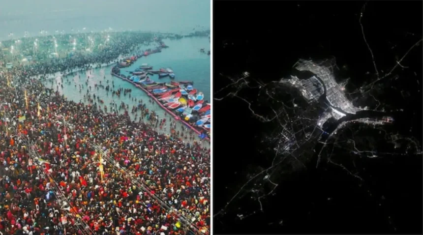 விண்வெளியில் இருந்து தெரியும் பிரயாக்ராஜ் மகா கும்பமேளா 2025 நிகழ்வின் இரவு நேரப் புகைப்படம்