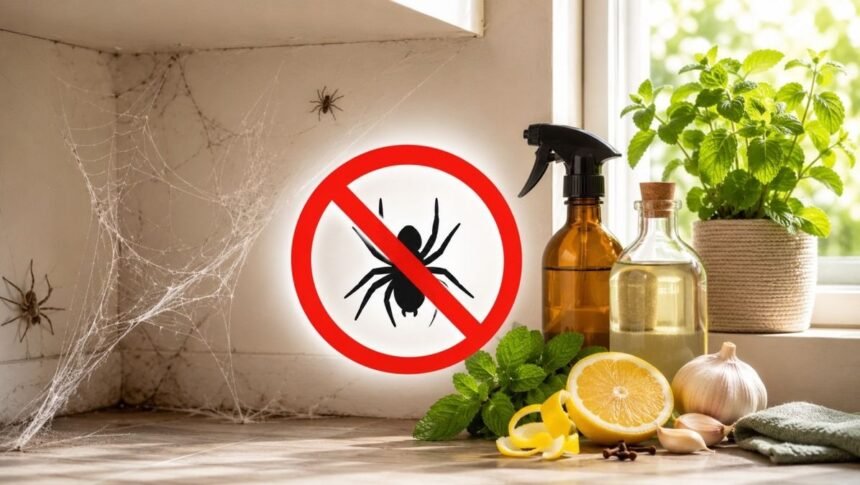 வீட்டில் சிலந்தி வலைகளை சுத்தம் செய்யும் ஒரு பெண்