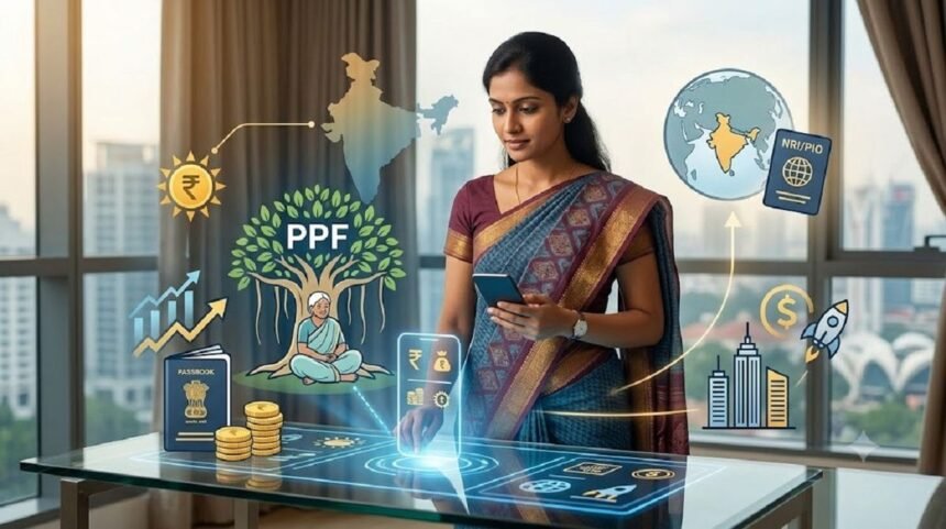 பொது வருங்கால வைப்பு நிதி (PPF) திட்டத்தின் லோகோ அல்லது அது தொடர்பான விளக்கப்படம்