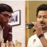 எதிர்க்கட்சித் தலைவர் உதயநிதி ஸ்டாலின் பிரக்ஞானந்தாவுக்கு வாழ்த்து தெரிவிக்கும் படம்