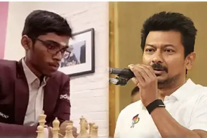 எதிர்க்கட்சித் தலைவர் உதயநிதி ஸ்டாலின் பிரக்ஞானந்தாவுக்கு வாழ்த்து தெரிவிக்கும் படம்