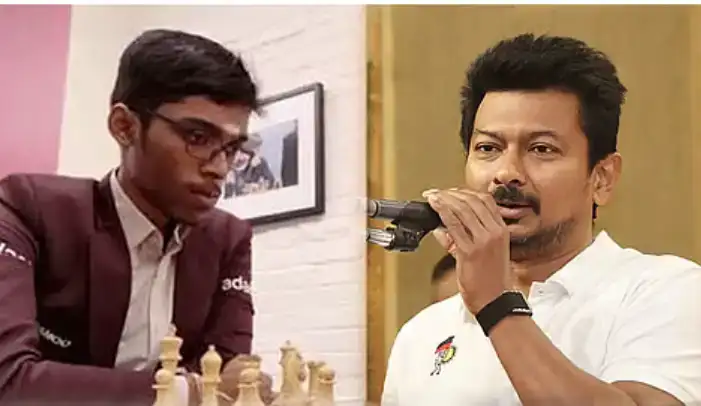 எதிர்க்கட்சித் தலைவர் உதயநிதி ஸ்டாலின் பிரக்ஞானந்தாவுக்கு வாழ்த்து தெரிவிக்கும் படம்