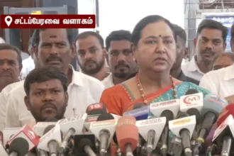 தேமுதிக எம்.எல்.ஏ பிரேமலதா விஜயகாந்த் செய்தியாளர்களை சந்திக்கும் காட்சி
